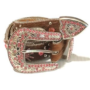 W B Atlas Pink Rhinestone Starburst Studded Cowhide Western Bling Belt Sz-38